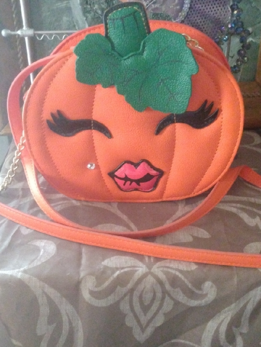 Betsey Johnson Orange Pumpkin Crossbody Bag with Green Leaf Accent